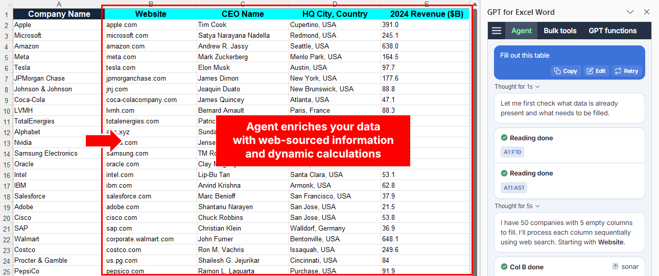 Agent enriches spreadsheet data with web-sourced information and dynamic calculations