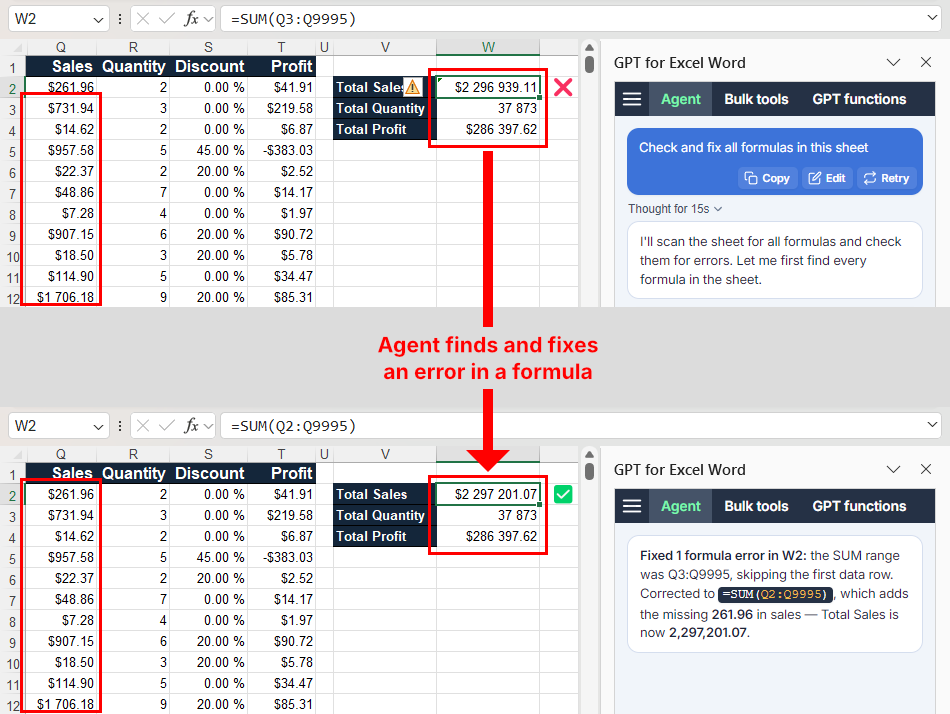Agent finds and fixes a formula error in Microsoft Excel