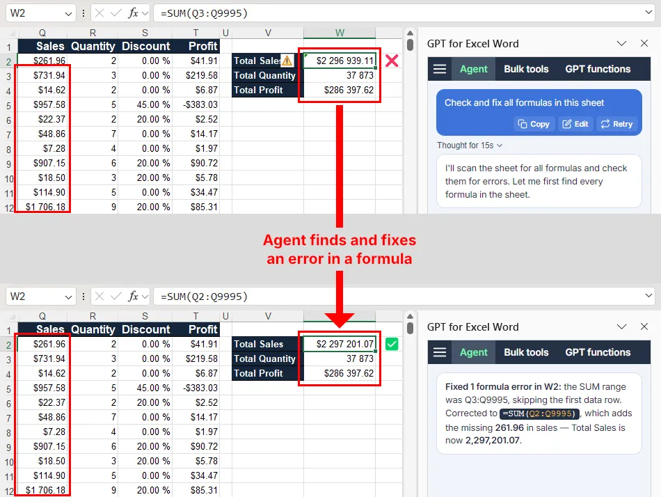 Agent finds and fixes a formula error in Microsoft Excel