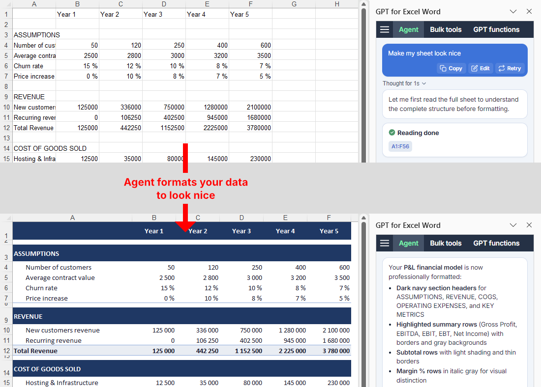Agent formats a sheet in Microsoft Excel