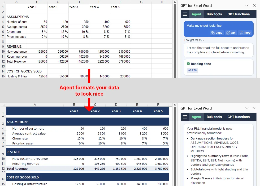 Agent formats a sheet in Microsoft Excel