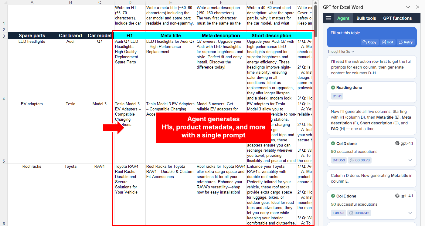 Agent generates H1s, product metadata, and FAQs in Microsoft Excel