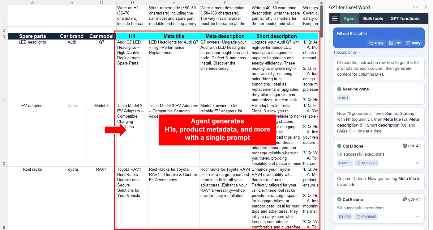 Agent generates H1s, product metadata, and FAQs in Microsoft Excel