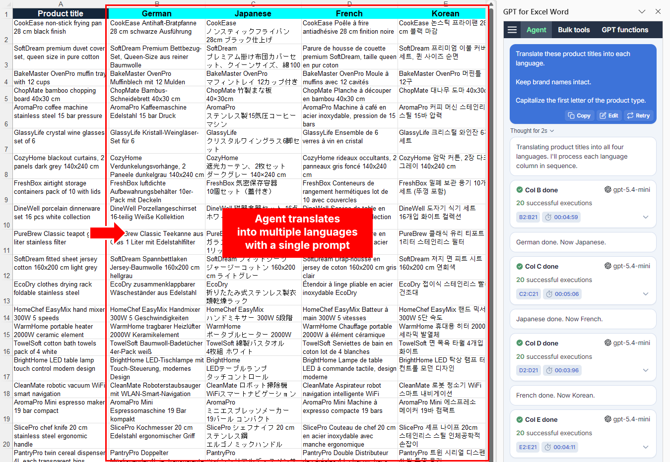 Agent translates source text into multiple target languages in Microsoft Excel