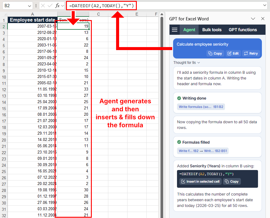 Agent generates, inserts, and fills a formula in Microsoft Excel