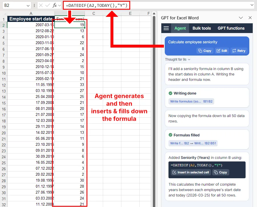 Agent generates, inserts, and fills a formula in Microsoft Excel