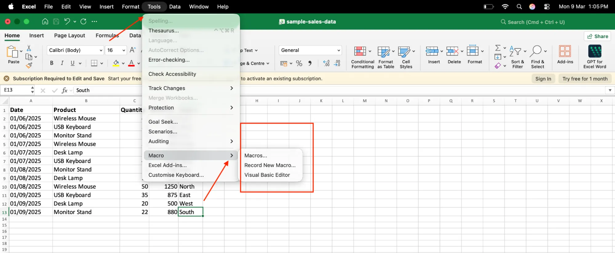 Screenshot of Excel showing how to access the macros in Excel