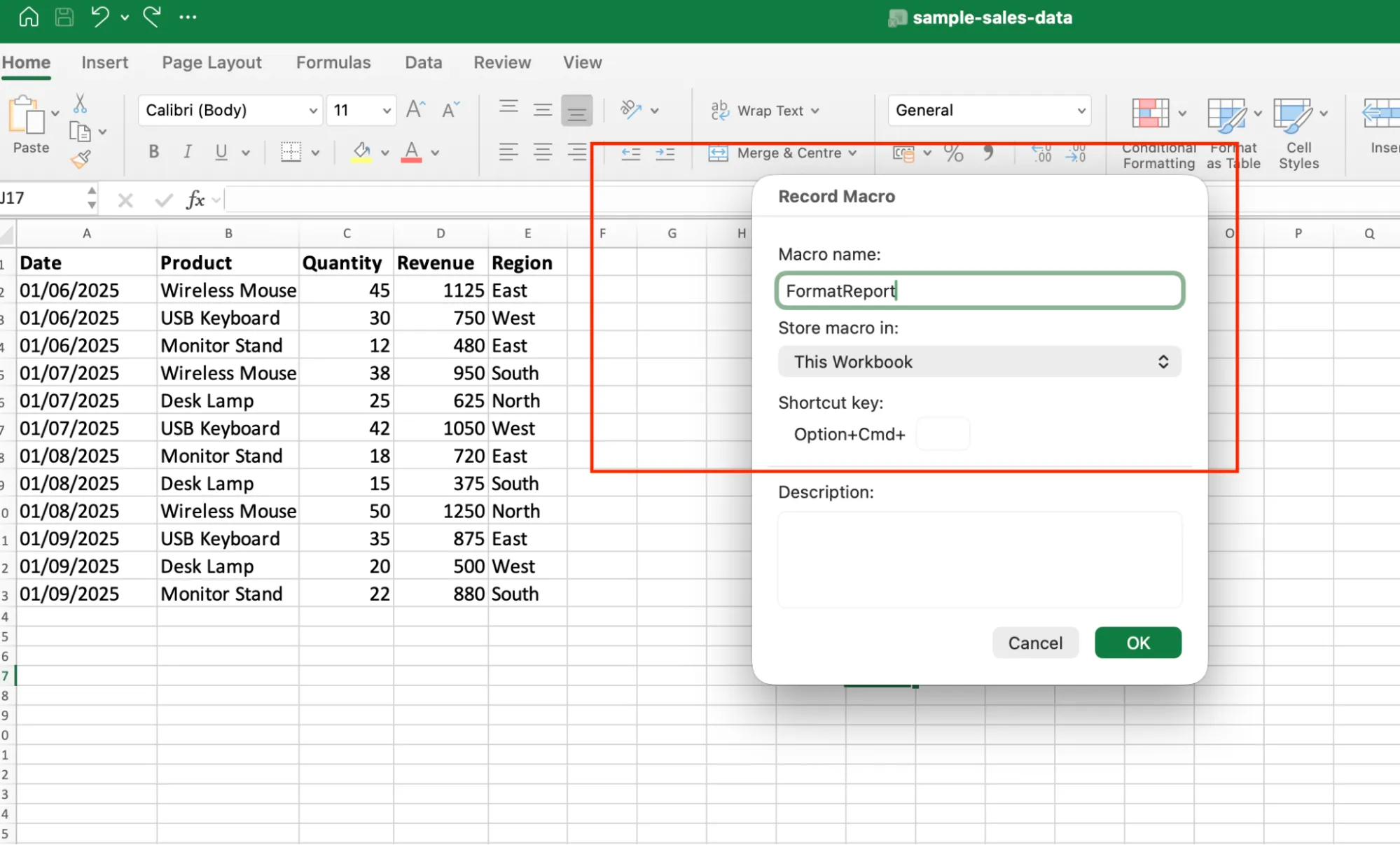 Recording a new macro in Excel