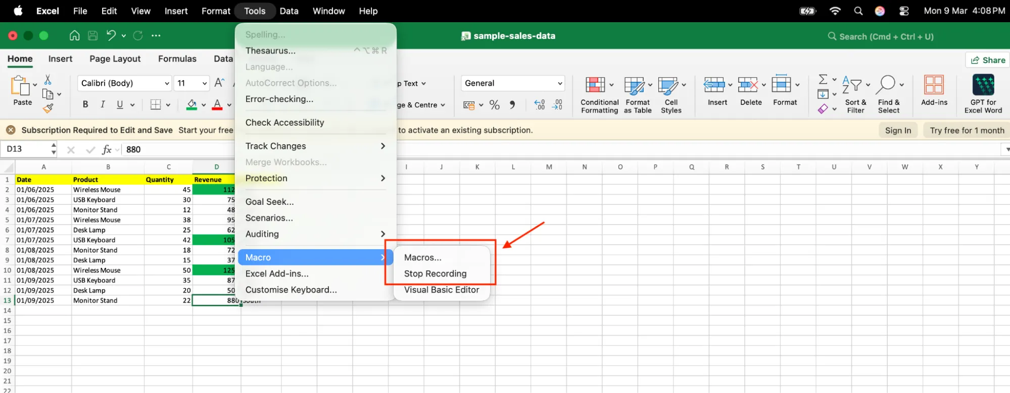 Excel macro recording in progress