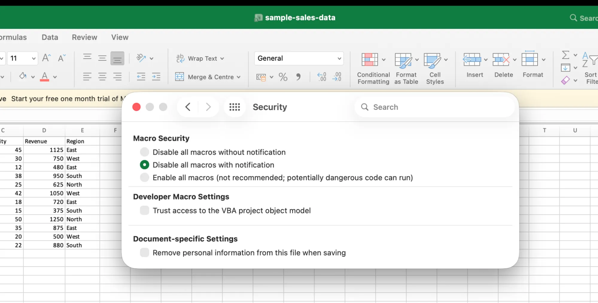 Macro security settings in Excel
