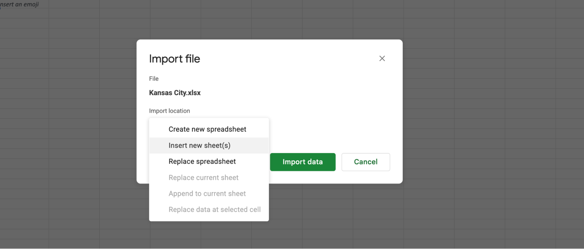 File Import dialog with import options in Google Sheets