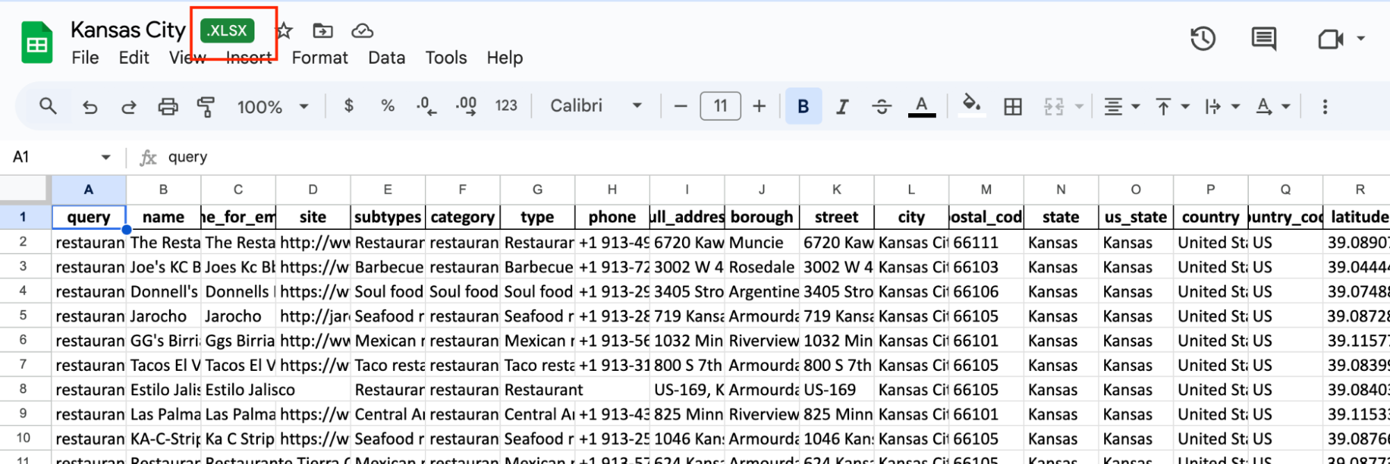 Excel file with .XLSX tag in Google Sheets