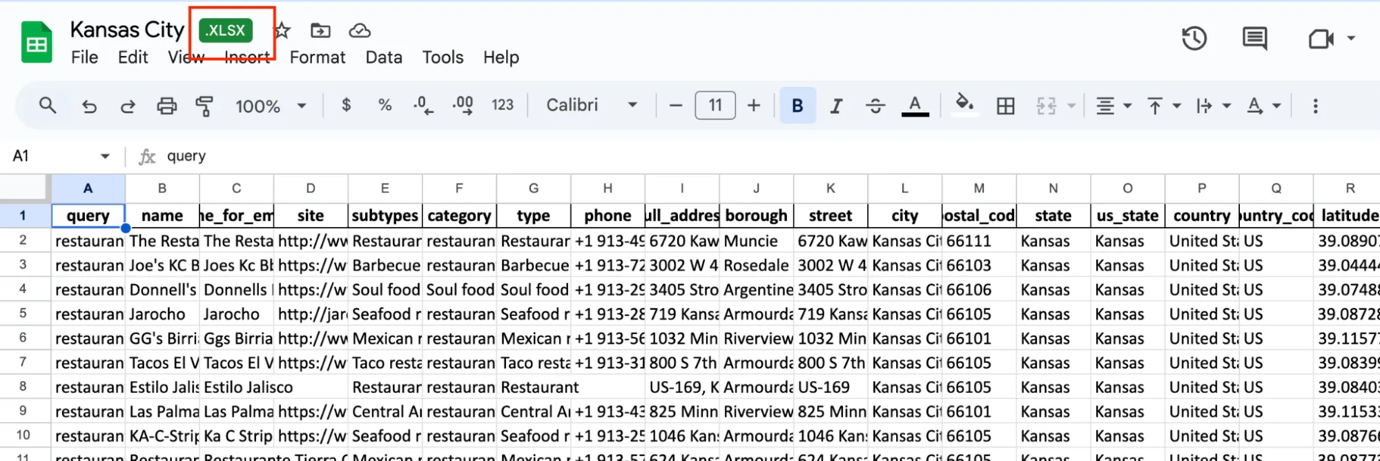 Excel file with .XLSX tag in Google Sheets