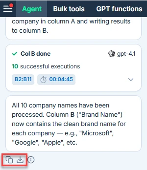 Export and copy conversation options in GPT for Excel