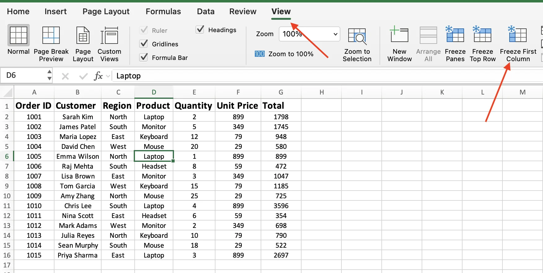 Freeze First Column button in Excel