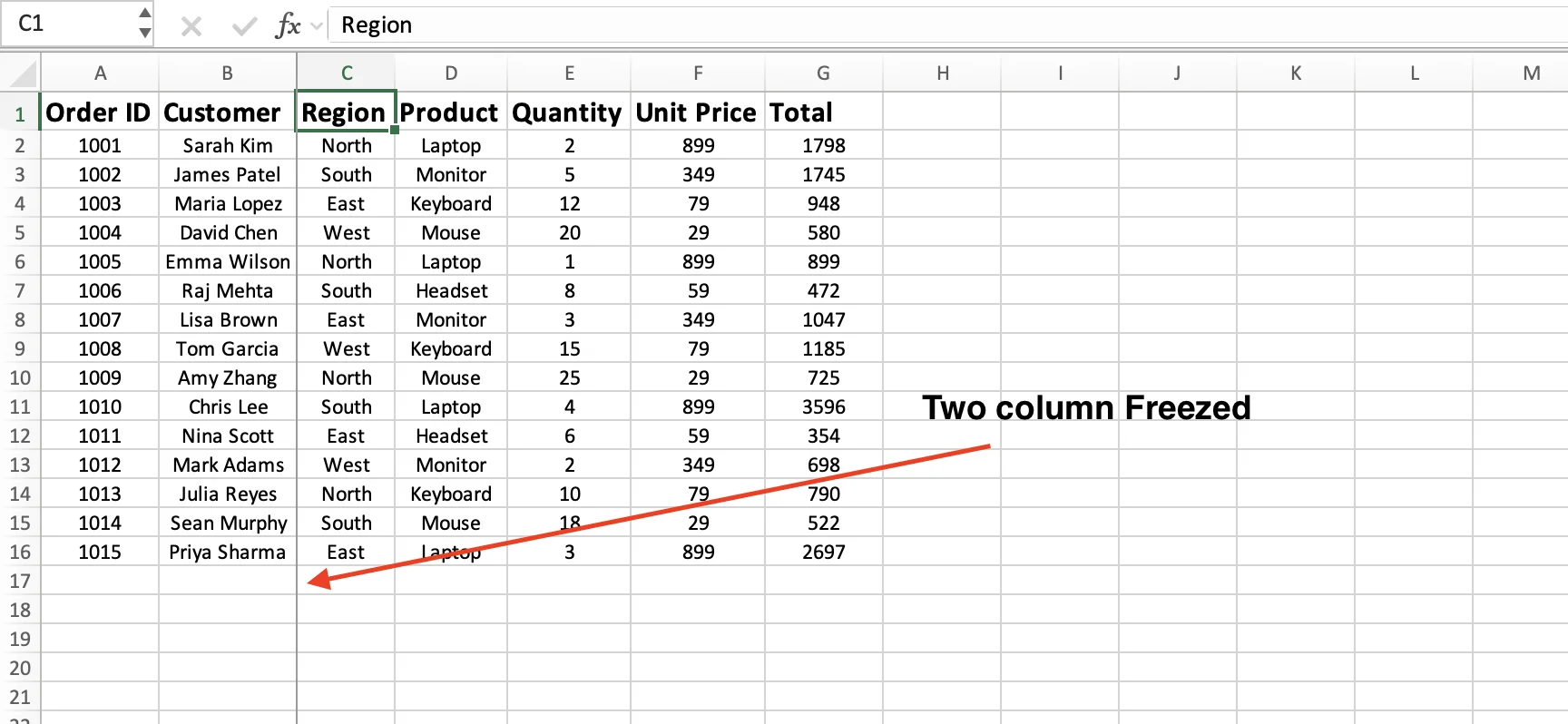 Freeze Panes for multiple columns in Excel