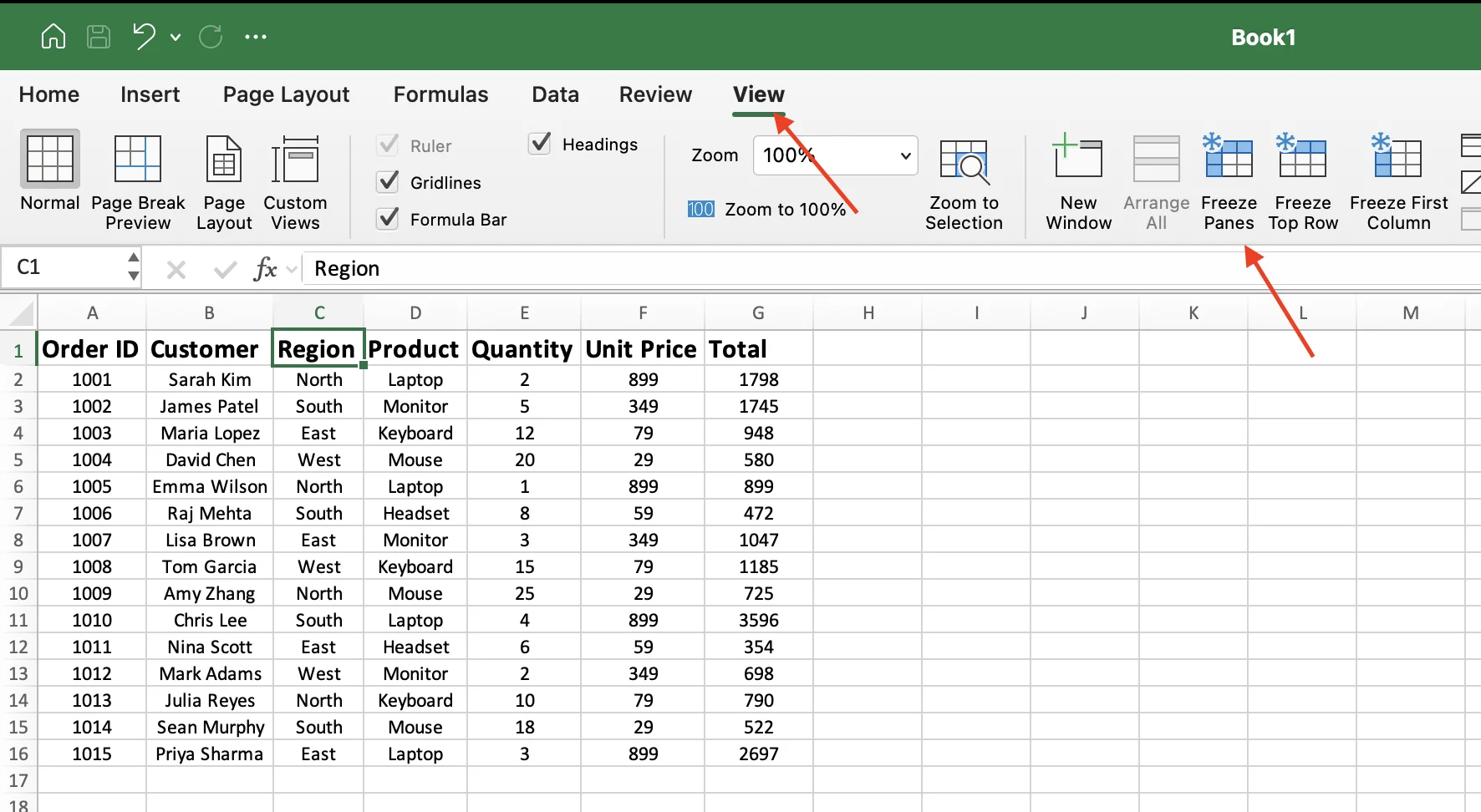 View tab before freezing multiple columns in Excel