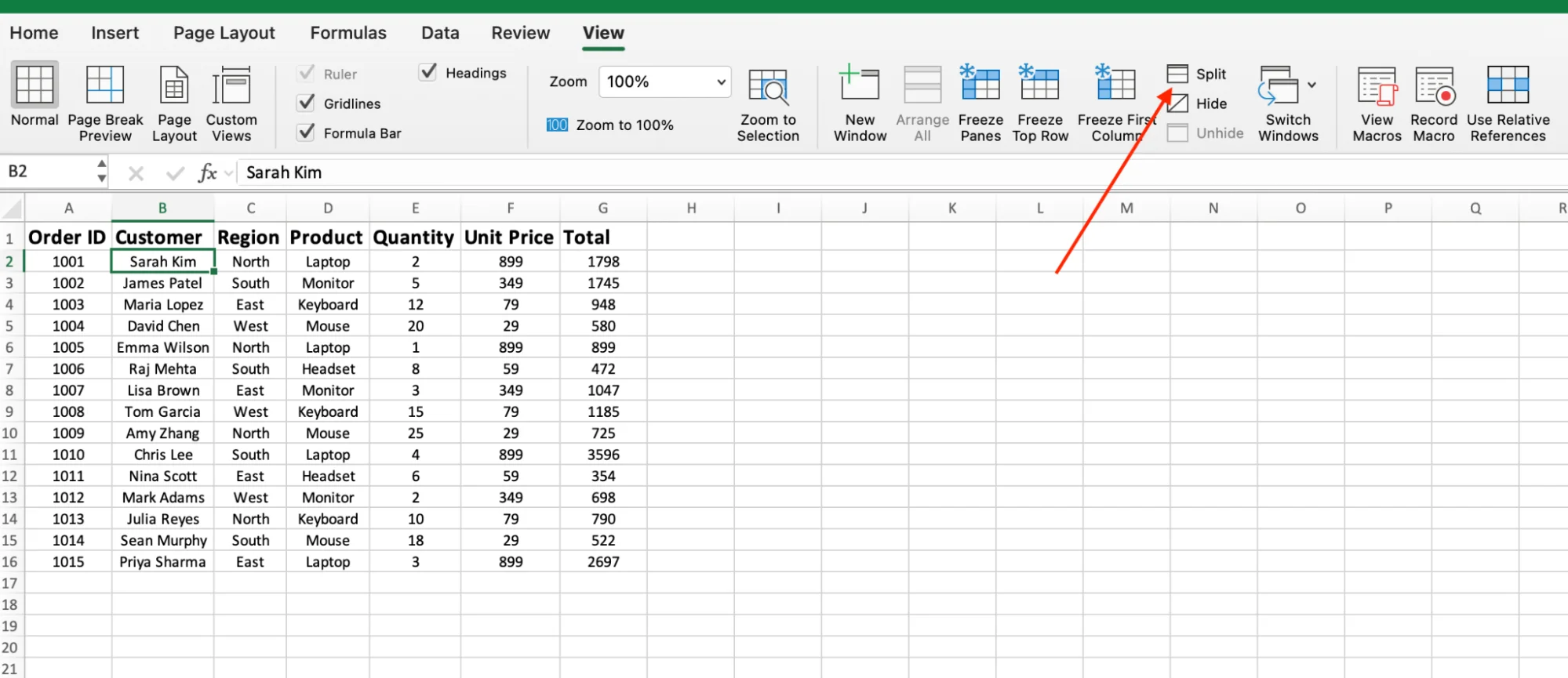 Freeze panes vs split panes in Excel view tab