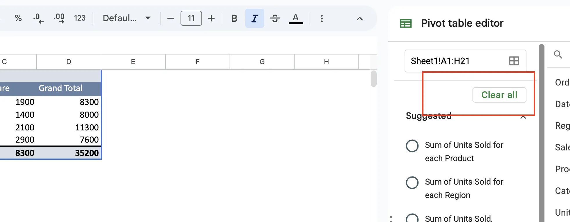 Pivot table editor with field options