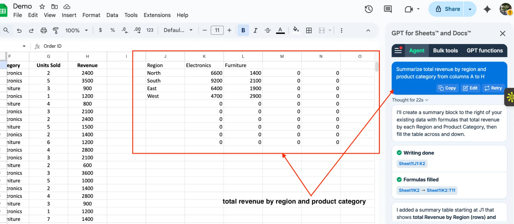 GPT for Sheets prompt to create pivot table summary