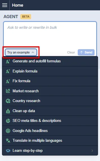 Select an Agent example (Excel)