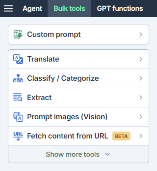 Bulk tools in the GPT for Excel sidebar