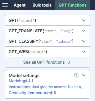 GPT functions in the GPT for Excel sidebar