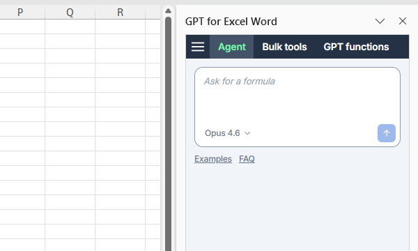 GPT for Excel sidebar with the Agent