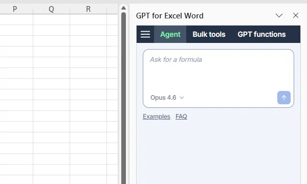 GPT for Excel sidebar with the Agent