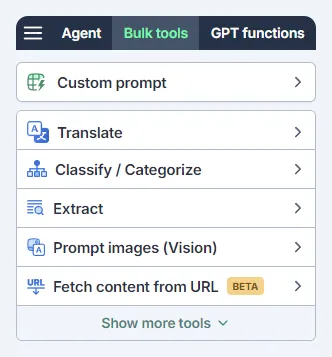 Bulk tools in the GPT for Sheets sidebar