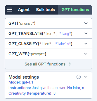GPT functions in the GPT for Sheets sidebar