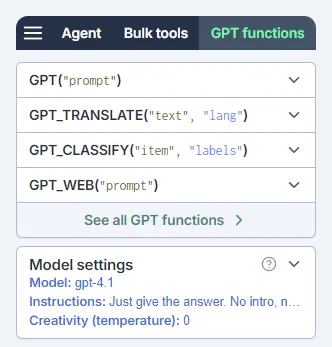 GPT functions in the GPT for Sheets sidebar