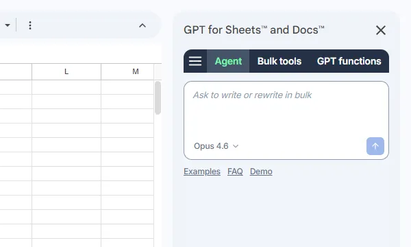 GPT for Sheets sidebar with the Agent