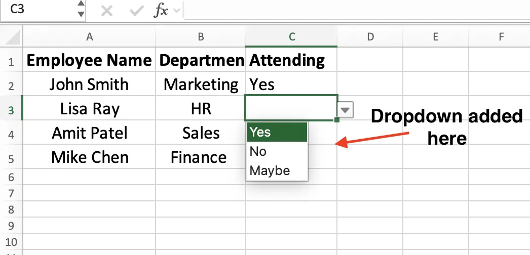 Dropdown list created in Excel