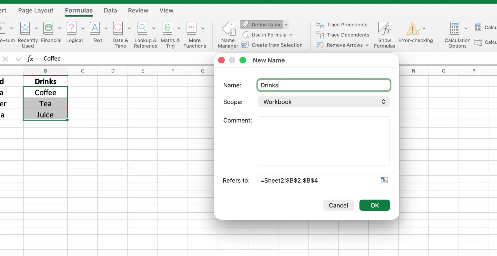 Create Drinks named range
