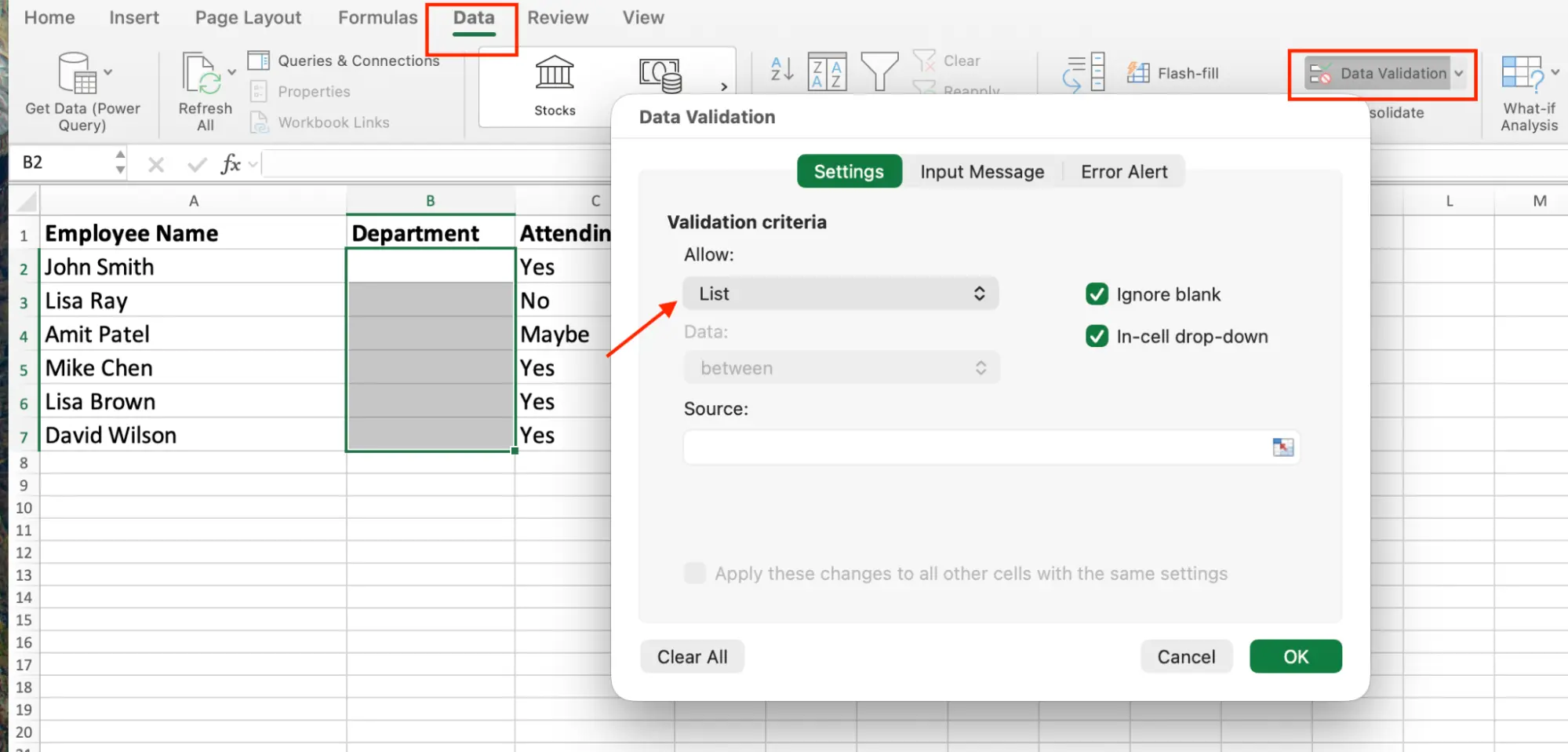 Data validation list setup