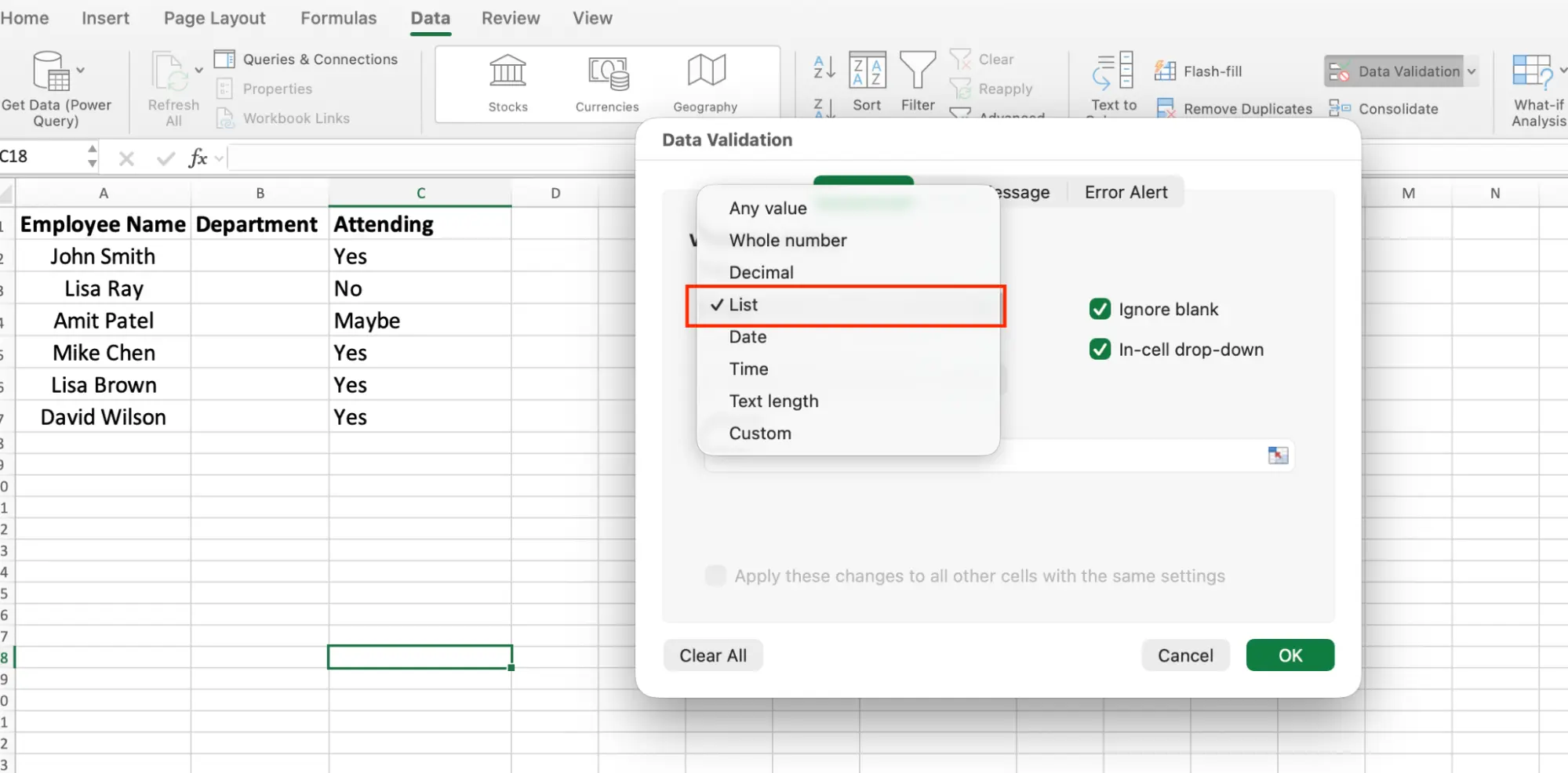 Choose List validation type