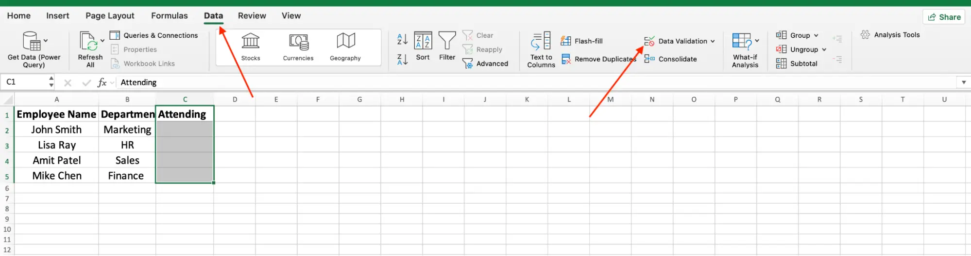 Data Validation button in ribbon