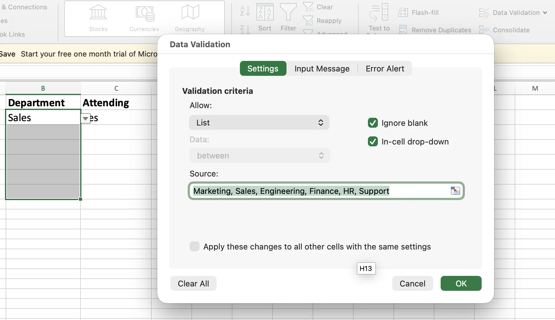 Edit dropdown source options in Data Validation
