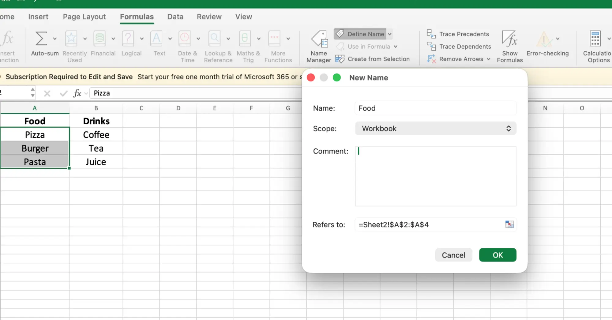 Create Food named range