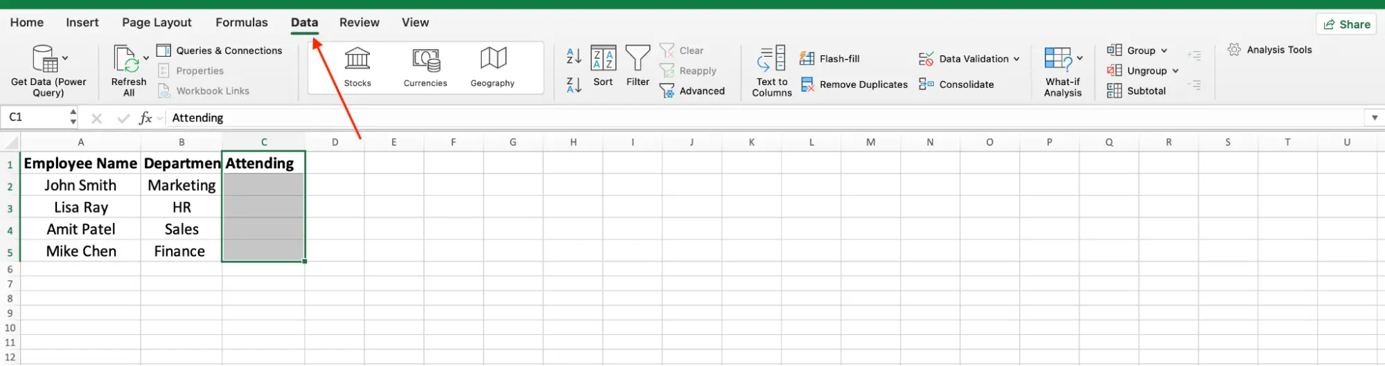 Data tab in Excel