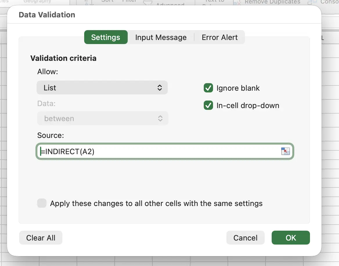 INDIRECT formula for dependent dropdown