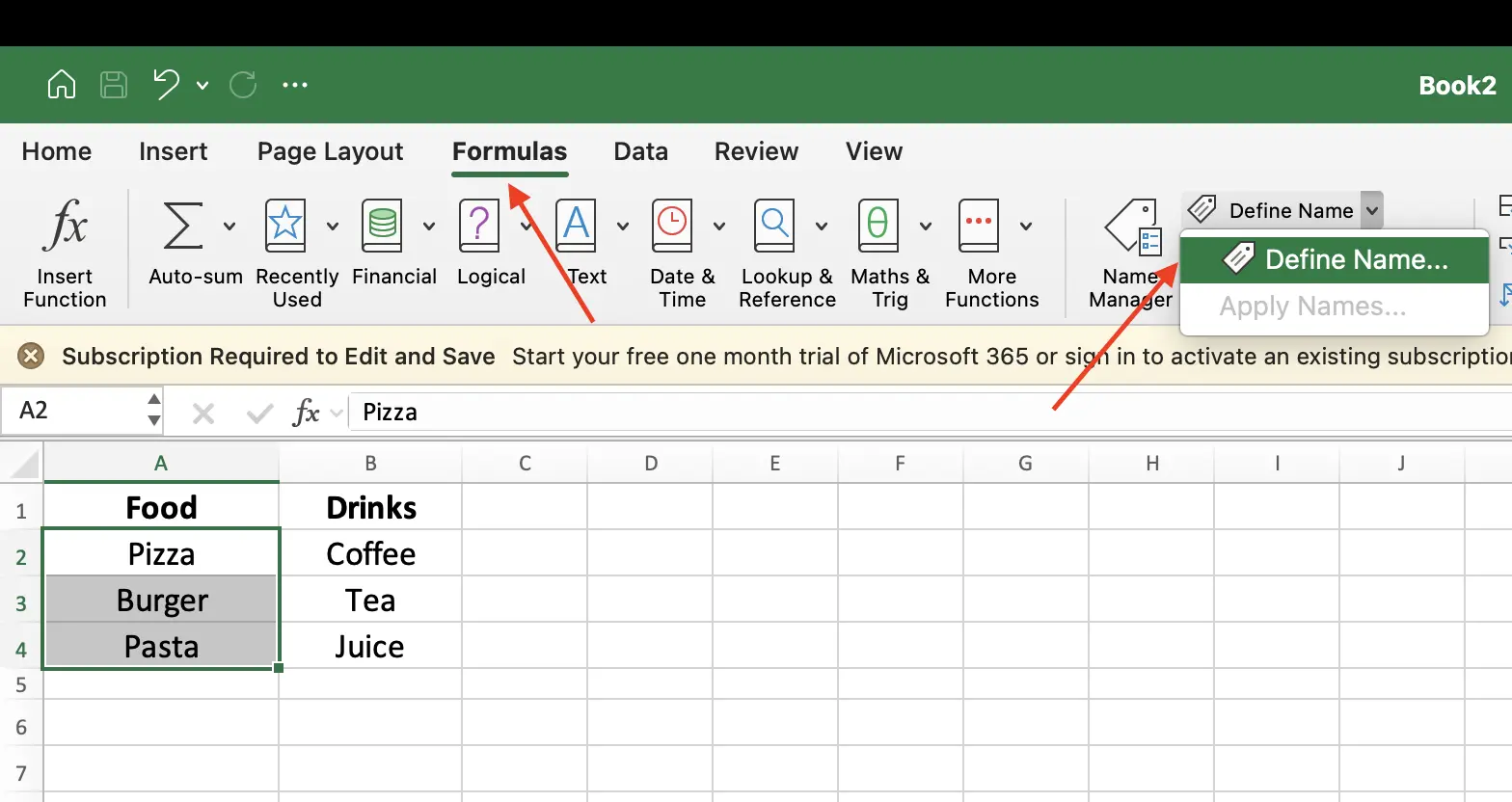 Open Define Name dialog