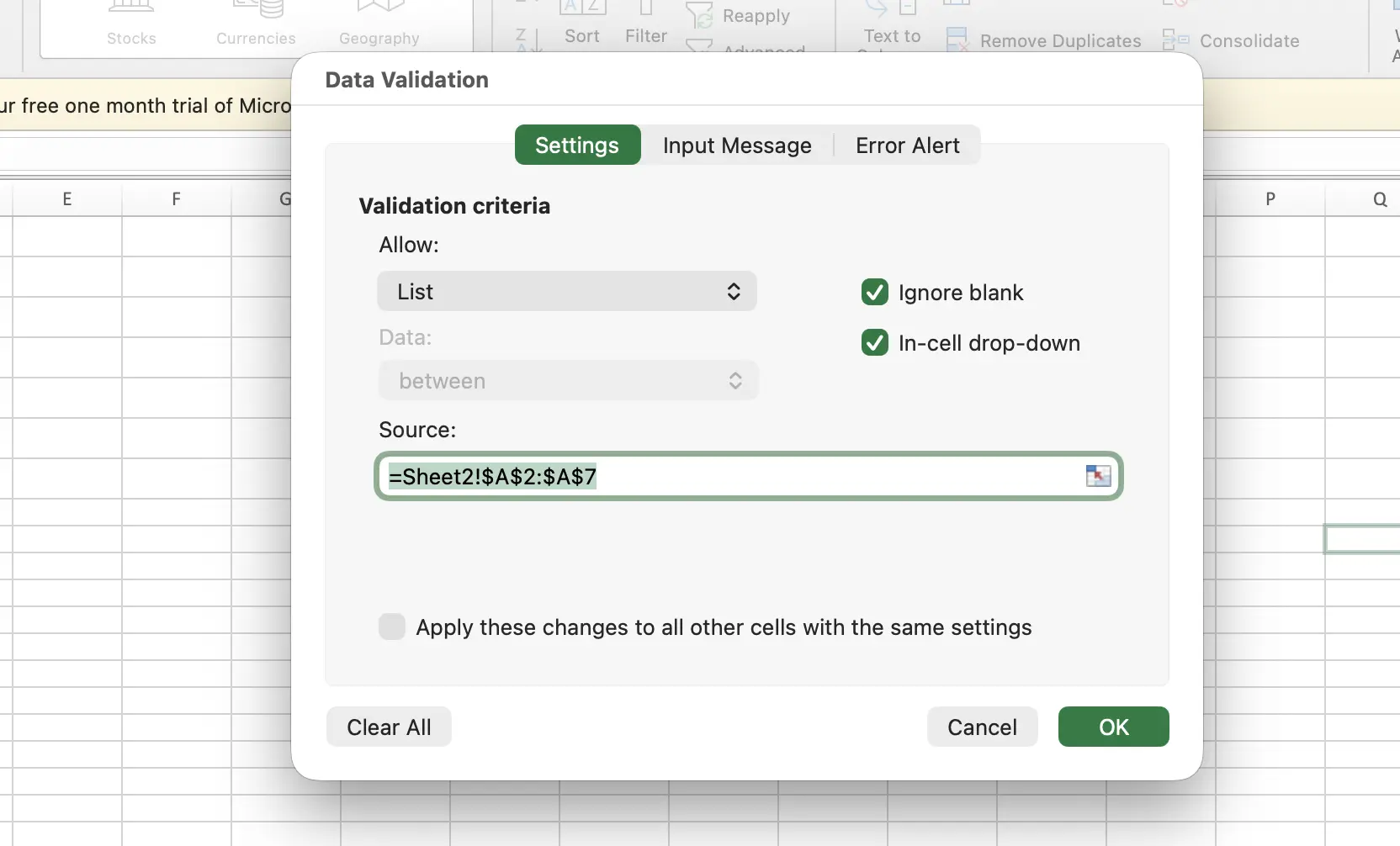 Source field populated with sheet range