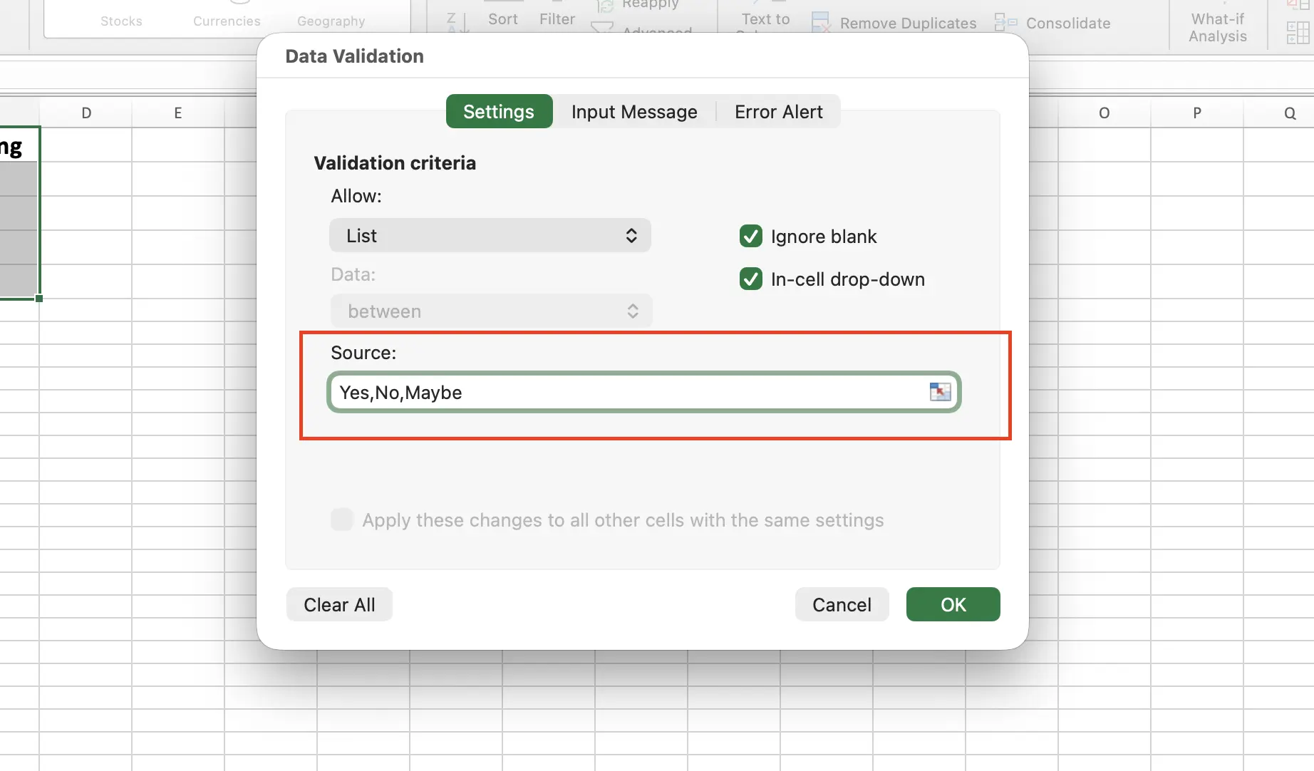 Type list items in source field