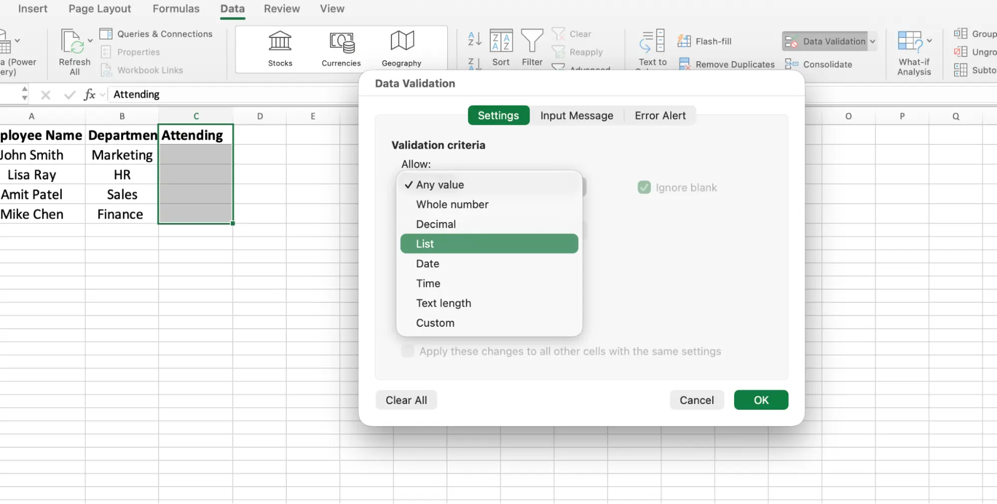 Choose List in Data Validation