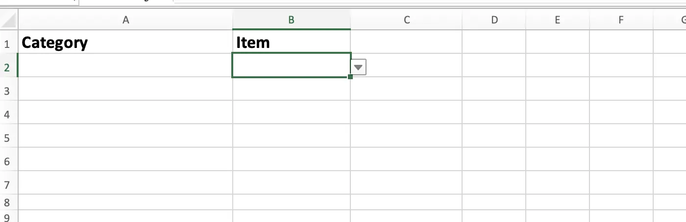 Select dependent dropdown cell B2