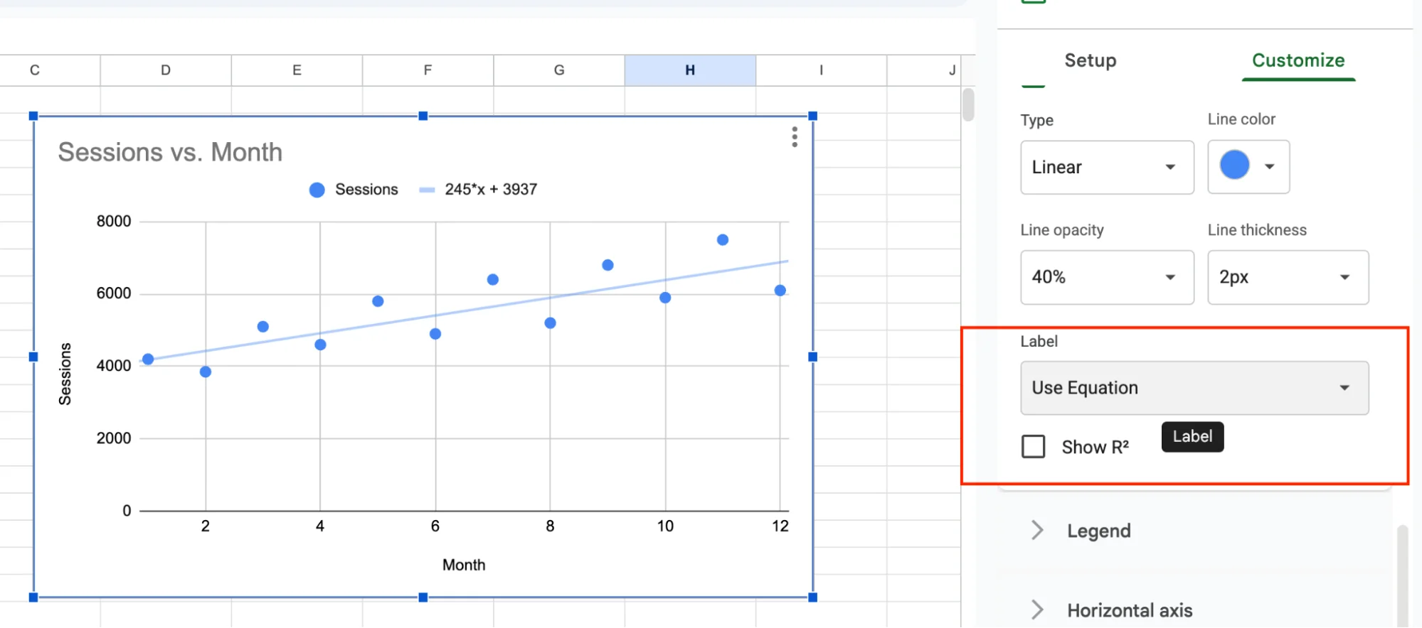 Show trendline equation on chart in Google Sheets