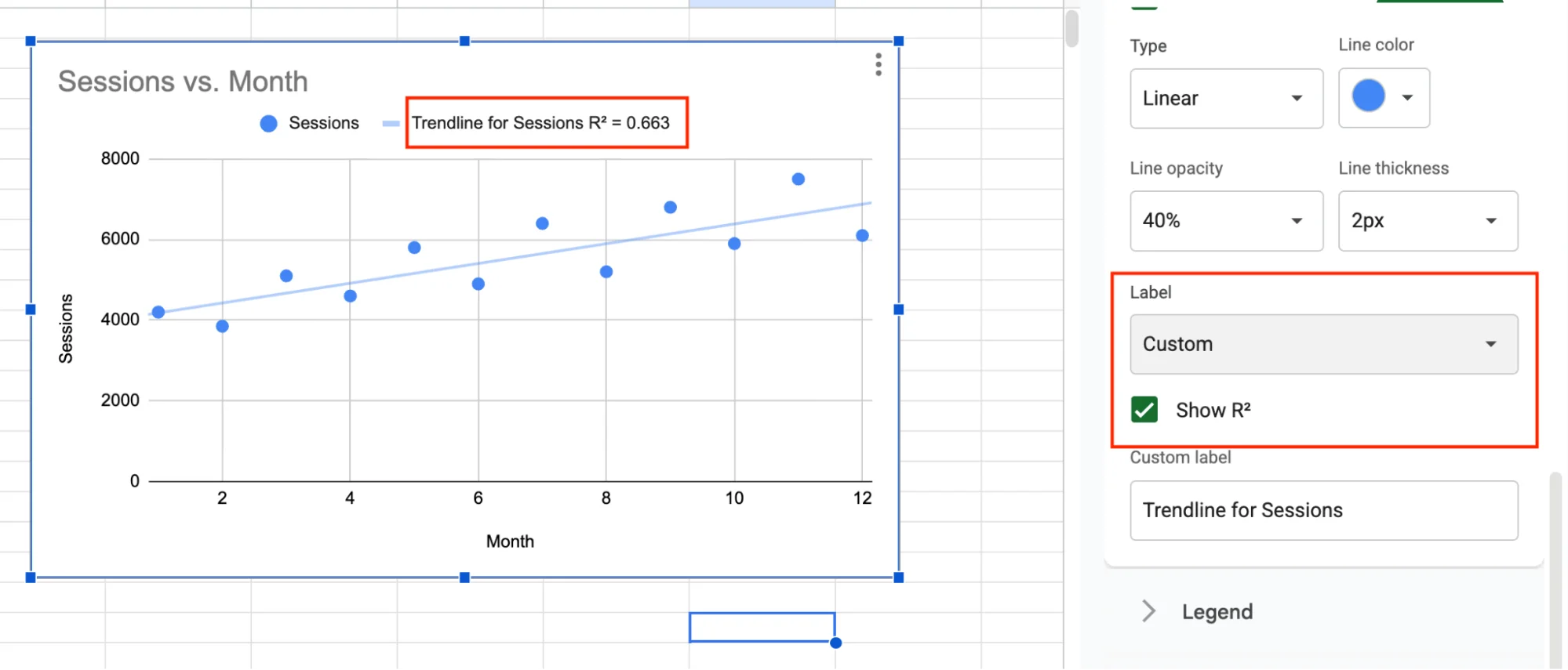R-squared value displayed for trendline in Google Sheets