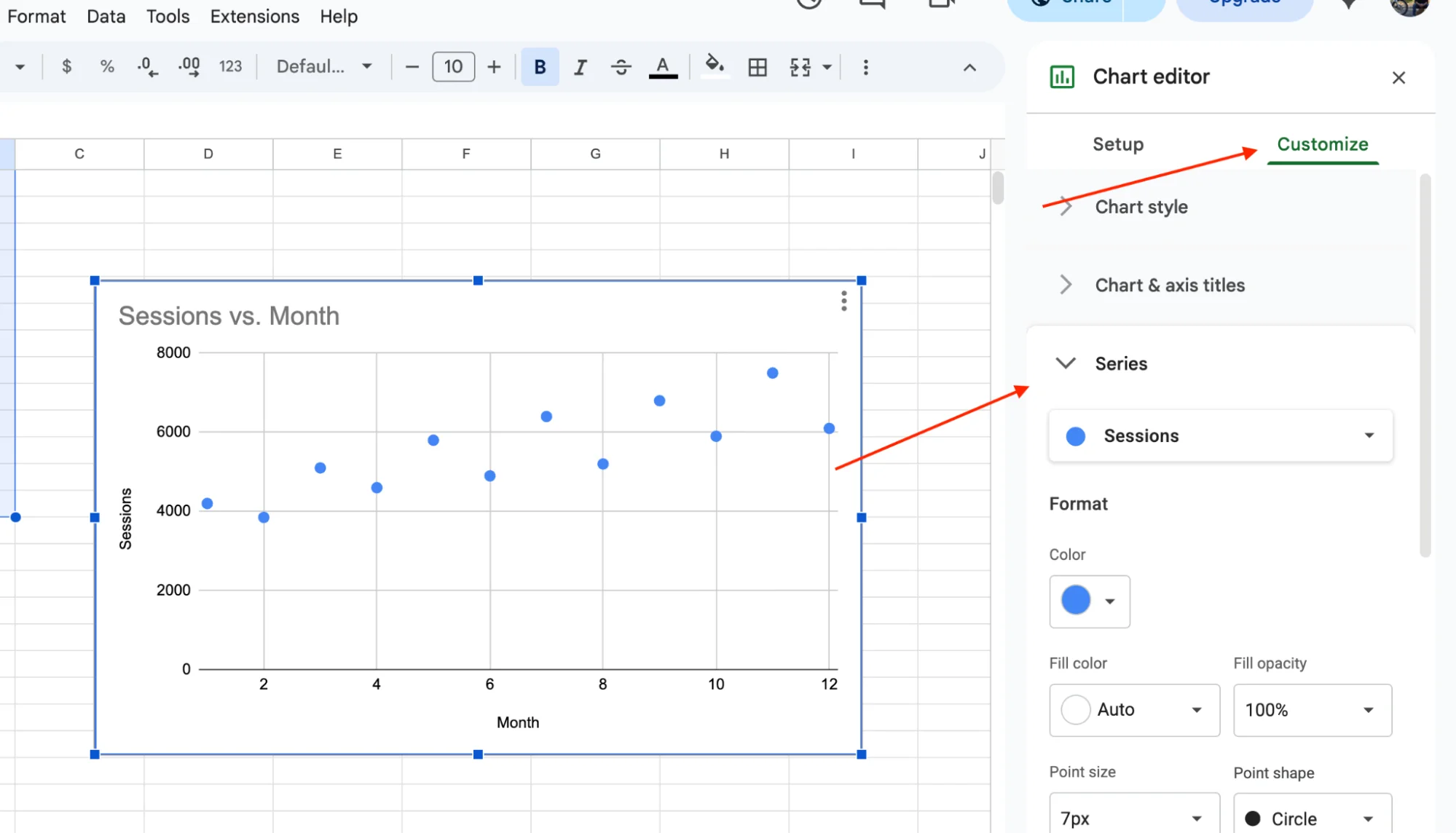 Open chart editor and series section in Google Sheets